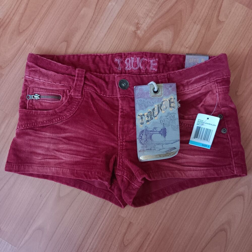 Truce Y2K corduroy red stretch micro mini shorts Size 5 twee Vtg preppy pockets